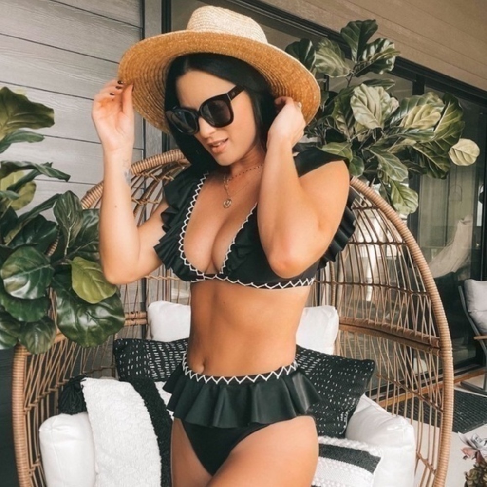 Tularosa Black Decklan High Waist Bikini Crochet Detail Size XL Top Large Bottom